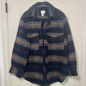 H&M Navy & Tan Striped Wool-Blend Utility Shacket